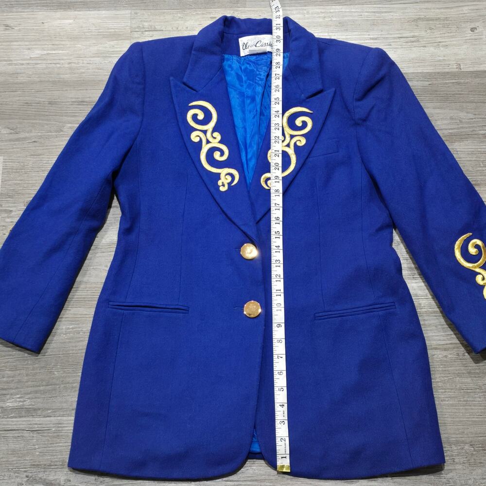 Vintage Oleg Cassini Royal Blue Gold Swirl Accent Embroidered Wool Blazer Jacket - Picture 7 of 10